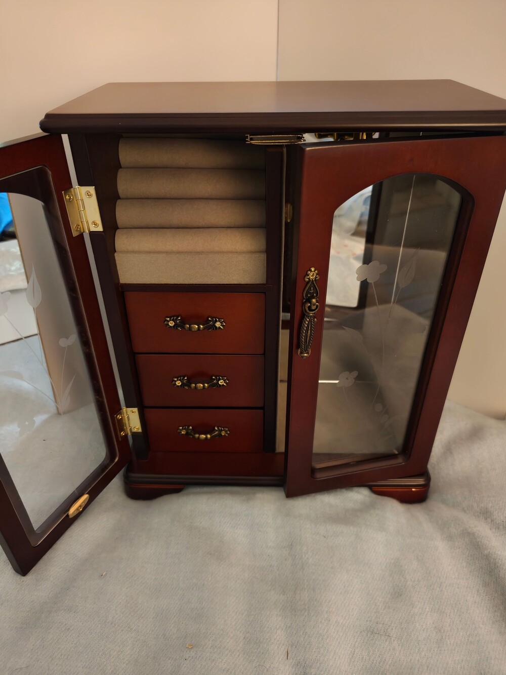Classic Wooden Jewelry Organizer Cabinet in Dark Cherry - Unbranded